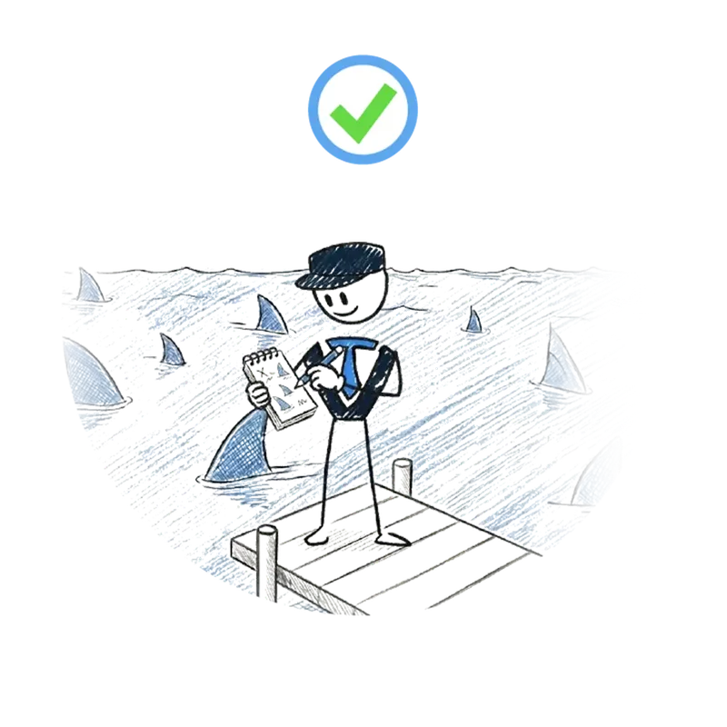 Illustration of business owner standing safely on a dock with a plan while sharks surround the water