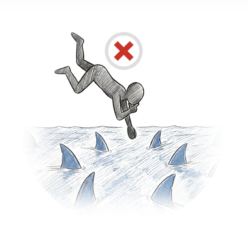 Illustration of business owner diving into shark-filled waters without a plan