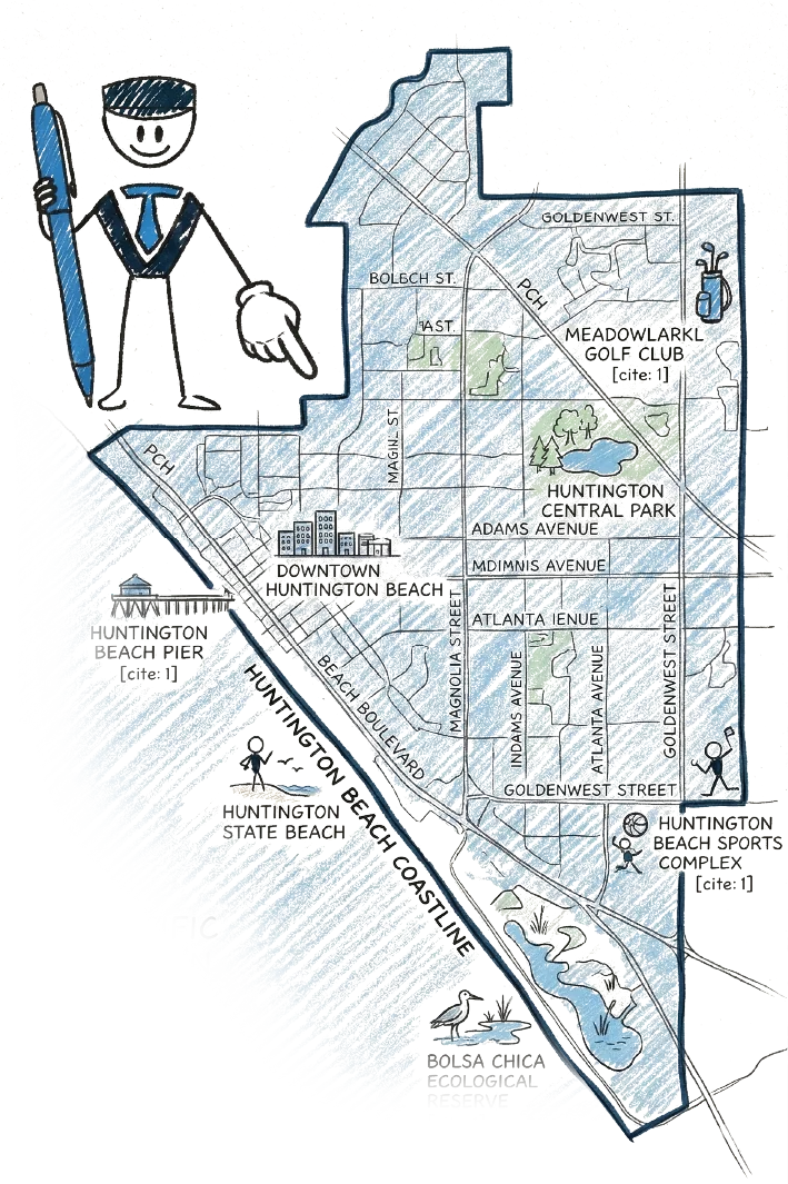 Illustrated map of Huntington Beach California home of iTech Valet AI Authority Agency