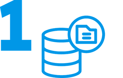 Step one: a numeral 1 beside a stack of databases and a document icon