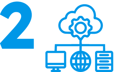 Step two: a numeral 2 beside a cloud holding a gear, wired to a monitor, a globe and a server