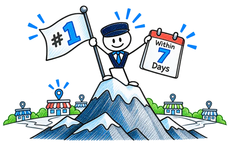 iTech Valet mascot planting a number one flag on a mountain above a town, holding a calendar that reads within 7 days