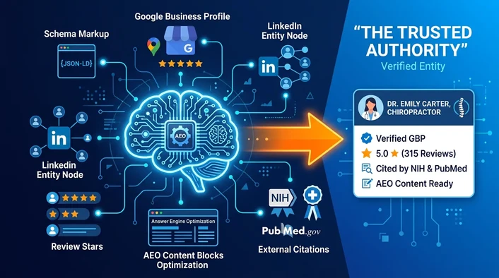 Schema markup, a Google Business Profile, LinkedIn entity nodes, review stars, AEO content blocks and NIH and PubMed citations converging on a brain and resolving into one verified "trusted authority" entity card.