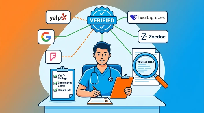 A clinician with a checklist - verify listings, consistency check, update info - surrounded by Google, Yelp, Foursquare, Healthgrades and Zocdoc listings linked to a single VERIFIED badge, with an address field under a magnifying glass.