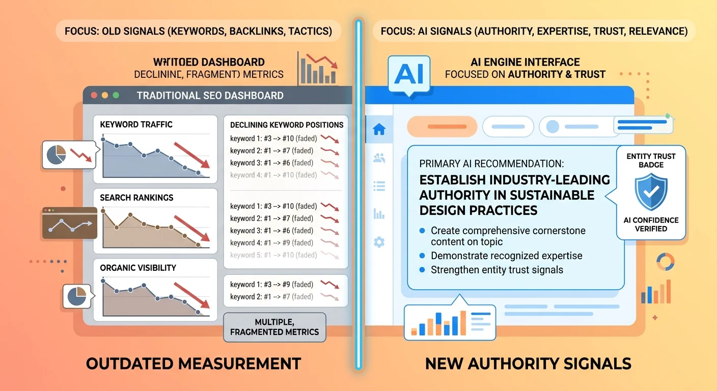 Traditional SEO metrics versus AI answer engine authority measurement comparison