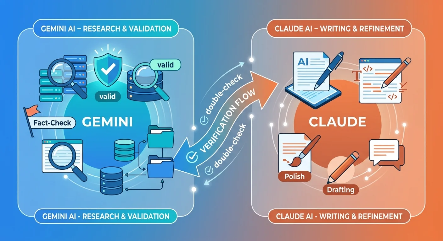 Two-AI validation system workflow showing Gemini research and Claude writing phases with verification loops