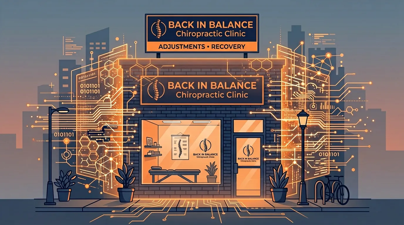 Illustration of a chiropractic practice blocked from AI recommendation engine visibility Illustration of a chiropractic practice blocked from AI recommendation engine visibility