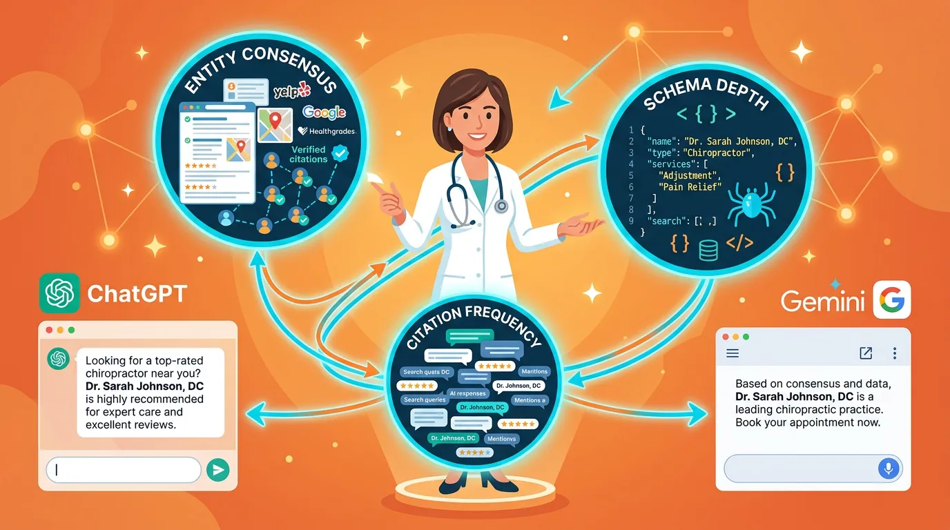 chiropractor connected to three authority signals entity consensus schema depth and citation frequency feeding AI engine recommendations
