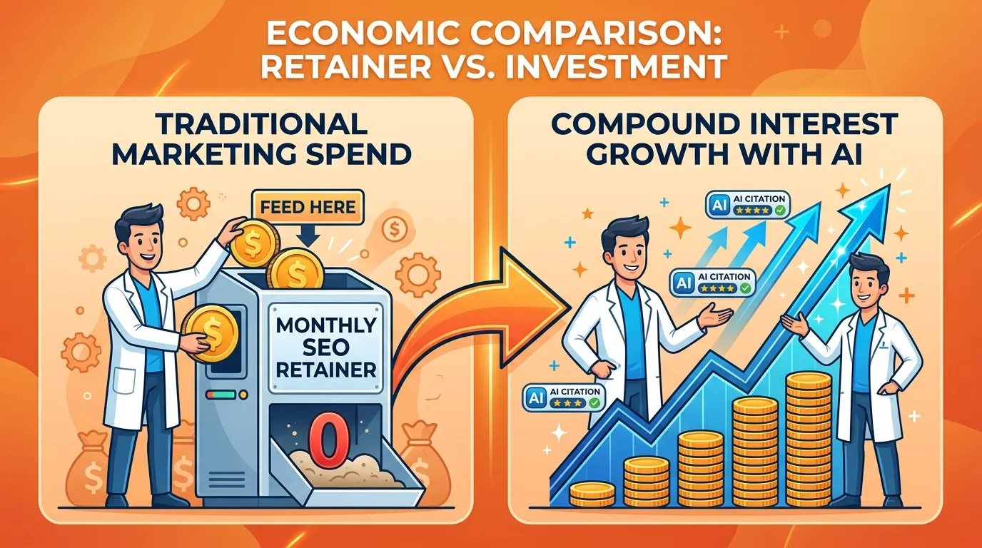 monthly SEO retainer expense vs AI authority engine compounding authority asset investment comparison