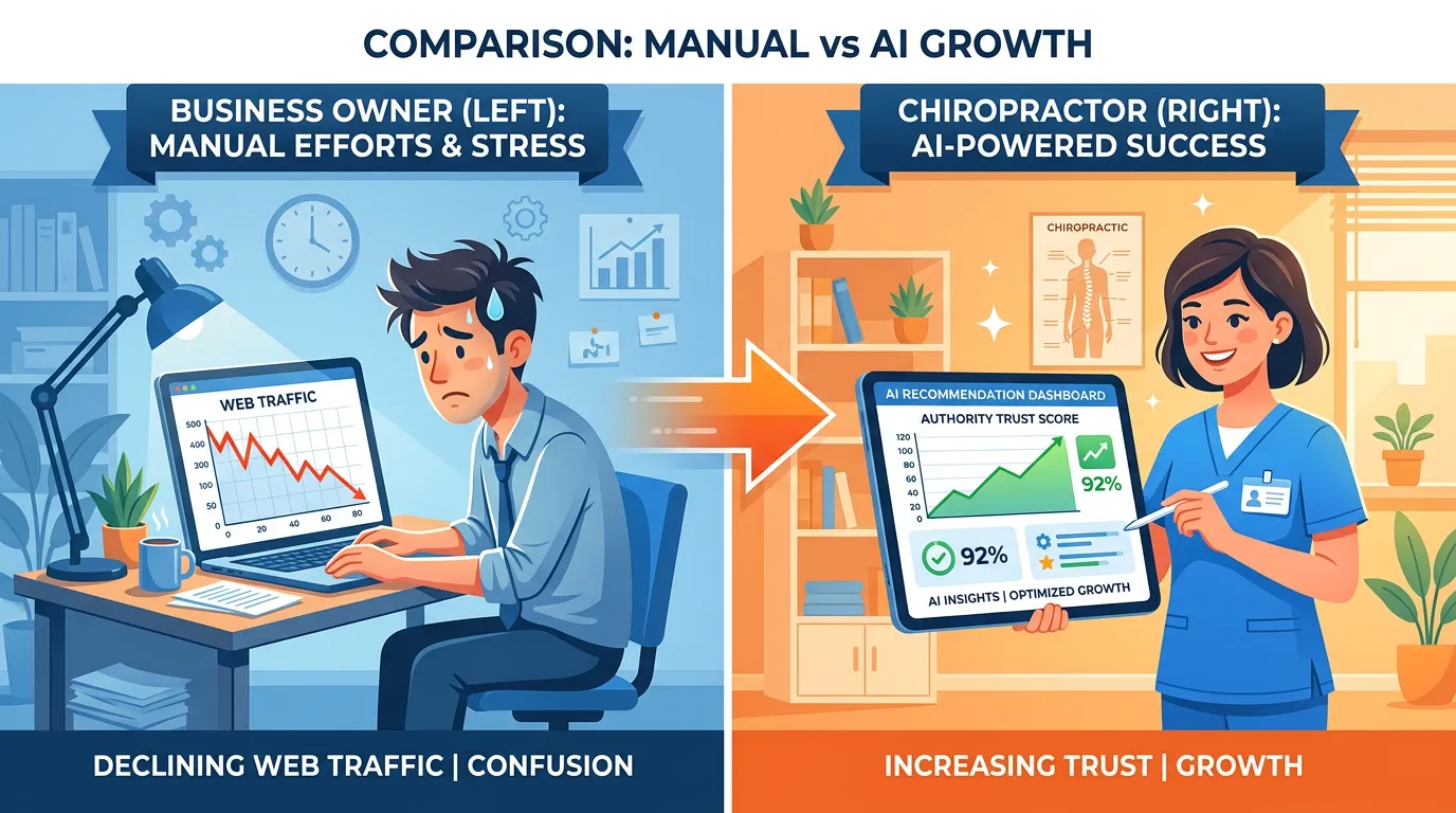 traditional SEO web traffic declining vs AI trust authority score rising comparison infographic traditional SEO web traffic declining vs AI trust authority score rising comparison infographic