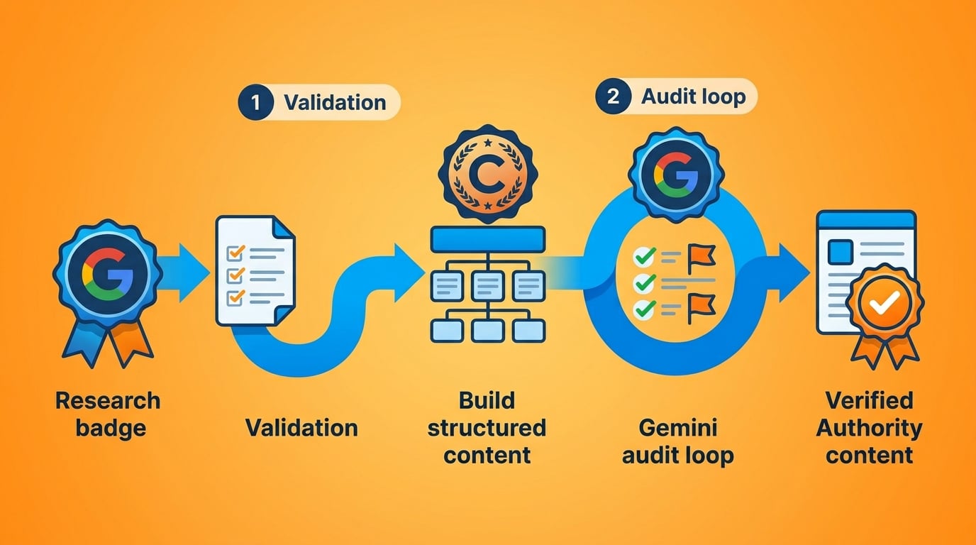 two AI validation system production pipeline Gemini research Claude content architecture validation loop AEO