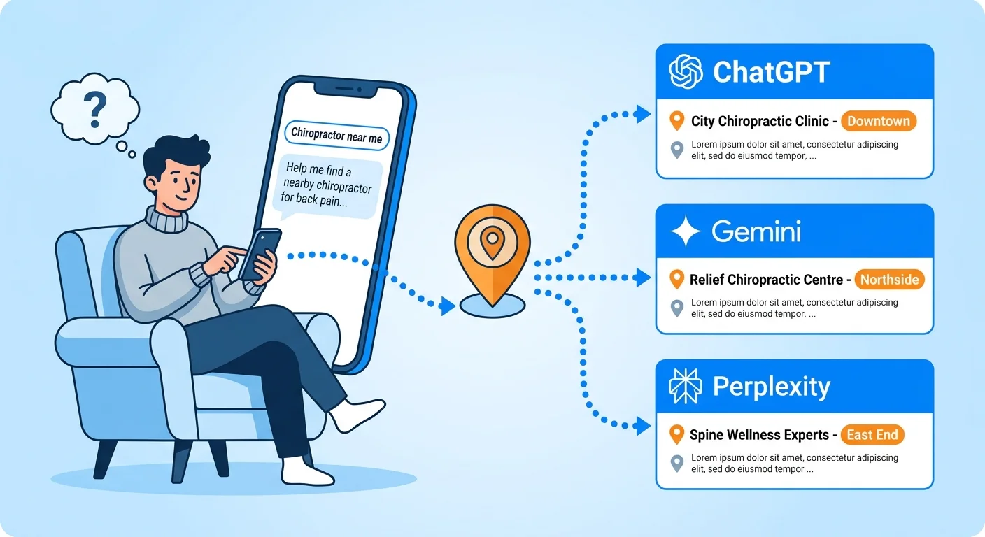 AI answer engines processing local healthcare query and returning single geographically validated chiropractor recommendation