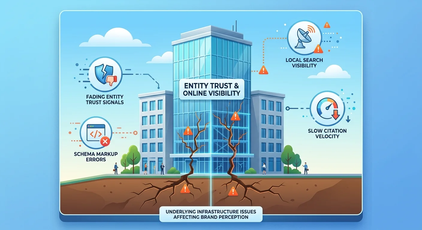 Authority decay visualization showing infrastructure erosion beneath polished business exterior