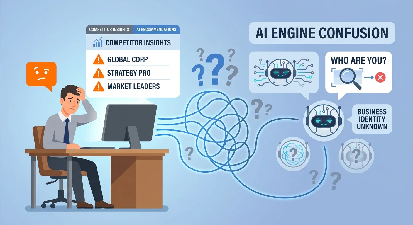 Business owner viewing AI recommendations showing competitors due to weak entity signals