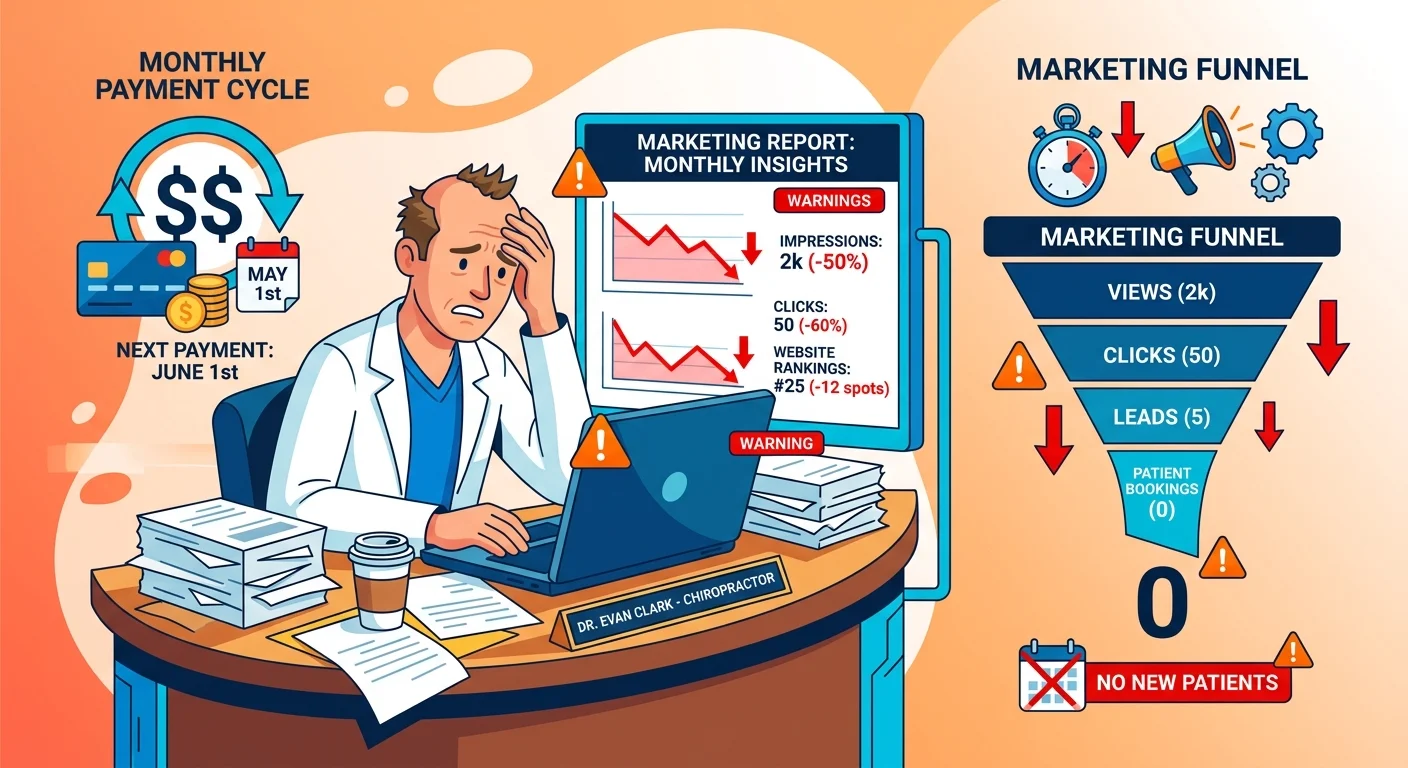 Chiropractor reviewing failed marketing retainer reports showing vanity metrics with no patient bookings