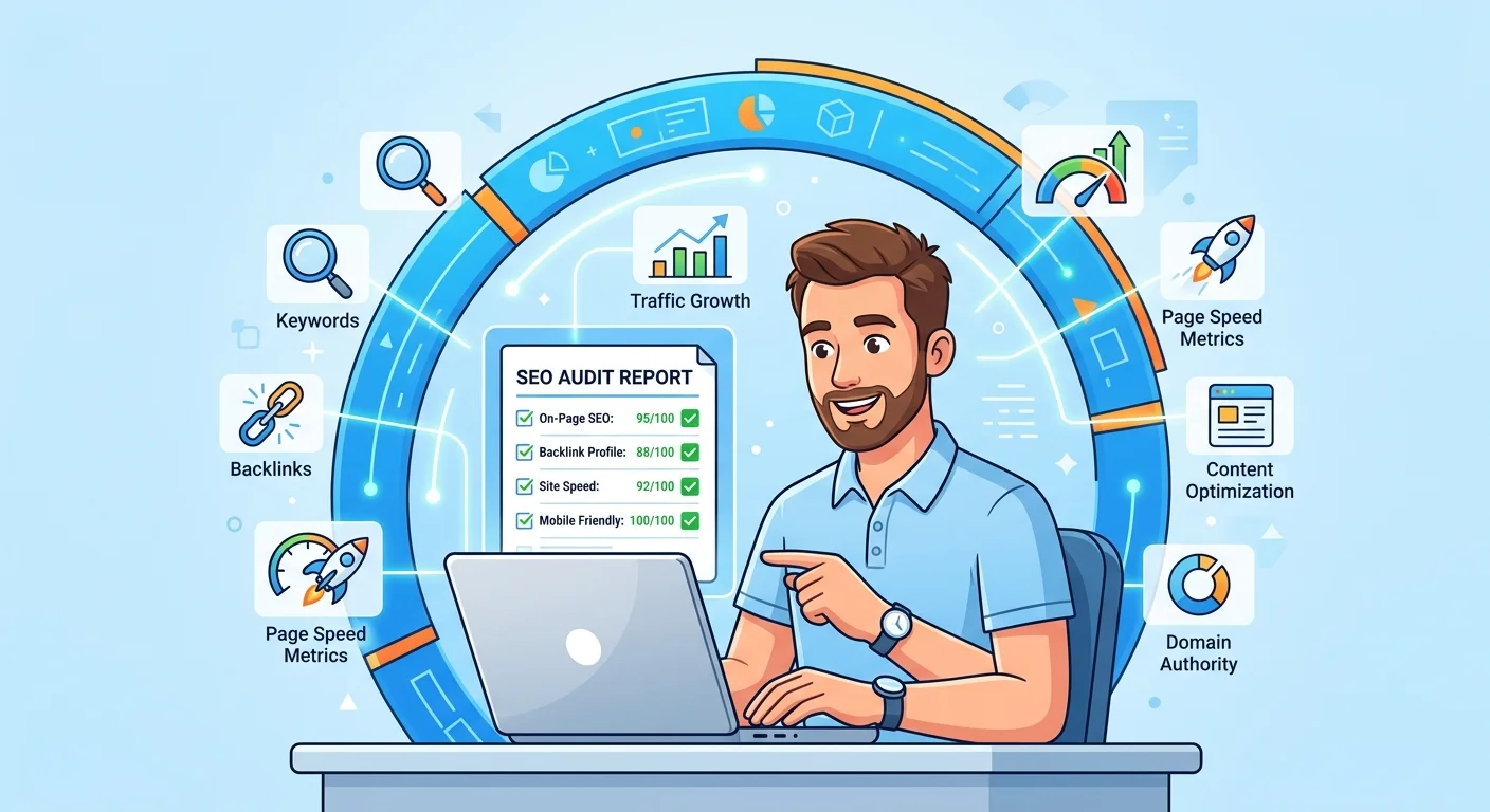 Chiropractor reviewing traditional SEO audit report with keyword and backlink metrics