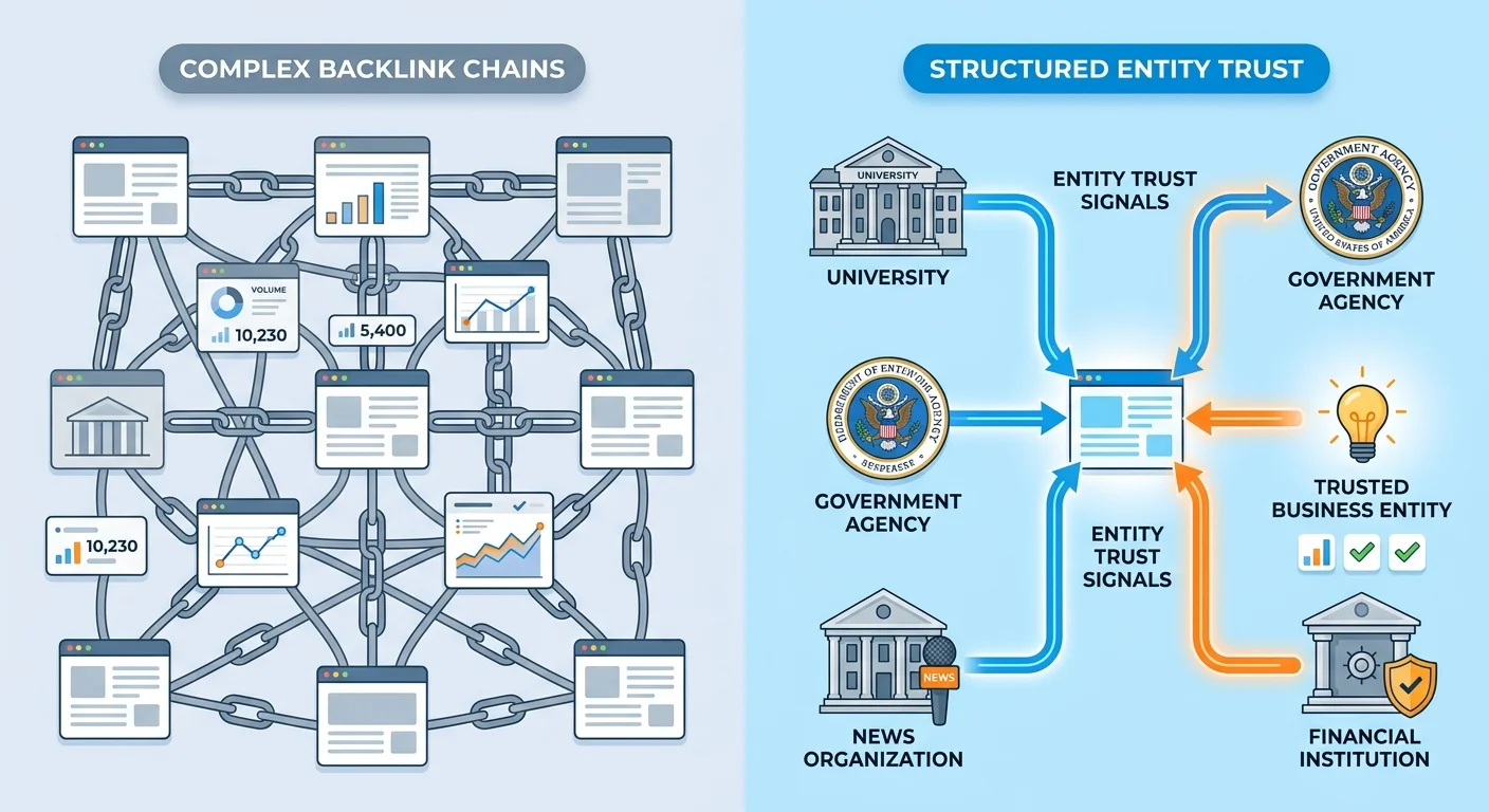 Comparison between traditional backlink counting and AI citation entity trust mapping