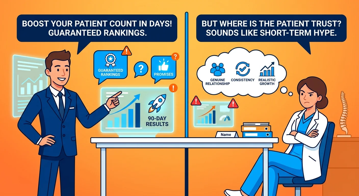 Marketing agency representative pitching ROI shortcuts and guaranteed results to skeptical chiropractor
