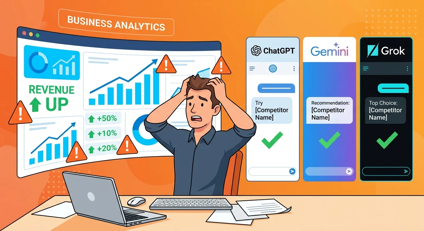 Practice owner reviewing positive traffic analytics dashboard while AI engines simultaneously recommend competitor practices