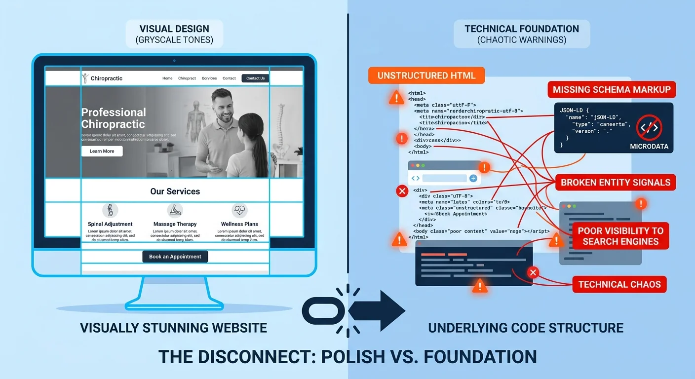 Split screen comparison showing polished chiropractic website design on left versus broken underlying code structure on right invisible to AI engines