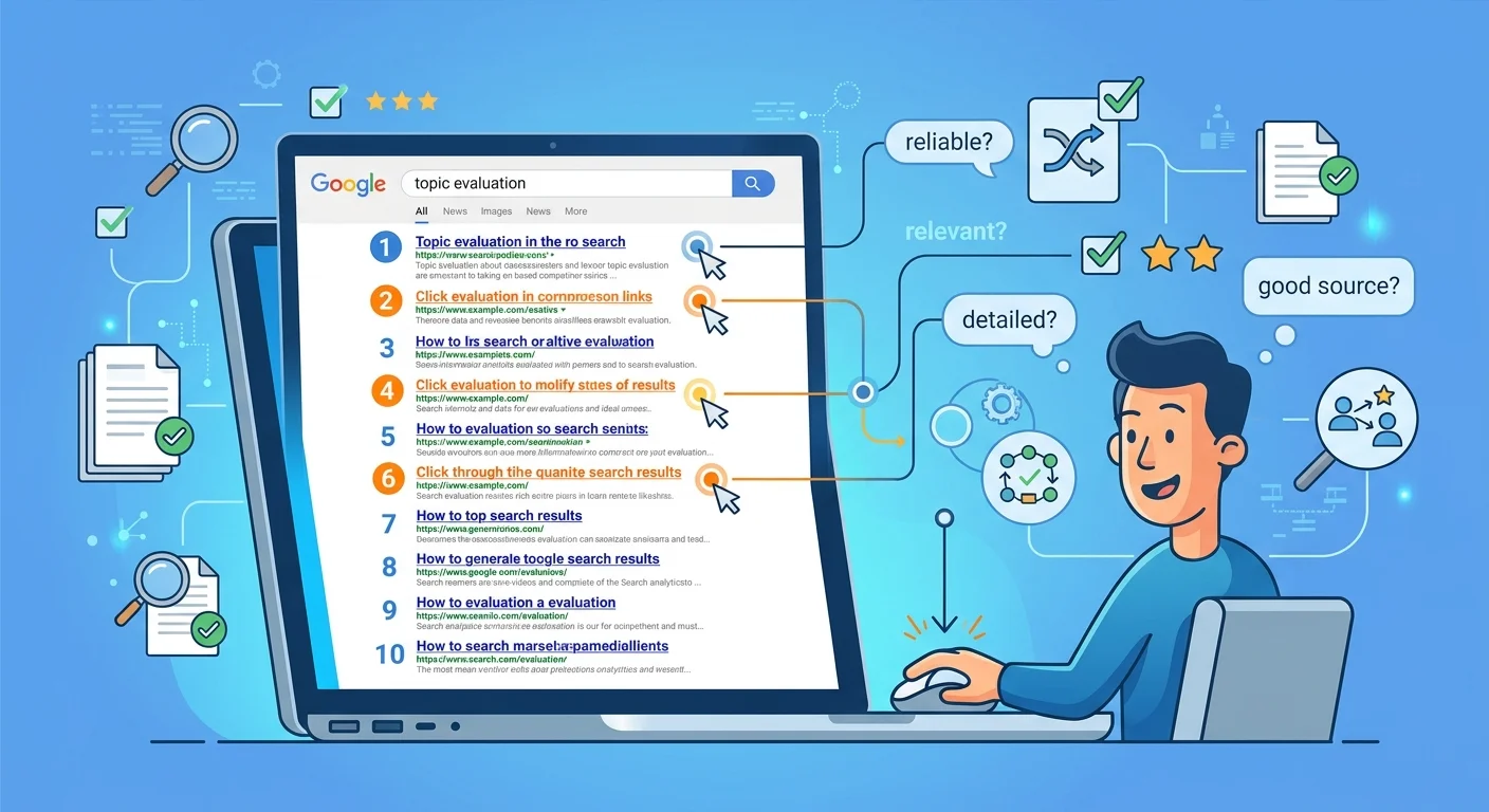 Traditional Google search results page showing ranked list of ten blue links with user evaluating multiple options