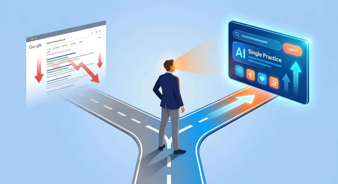 Two diverging marketing paths showing traditional SEO decline versus AI authority rise with business owner at decision point