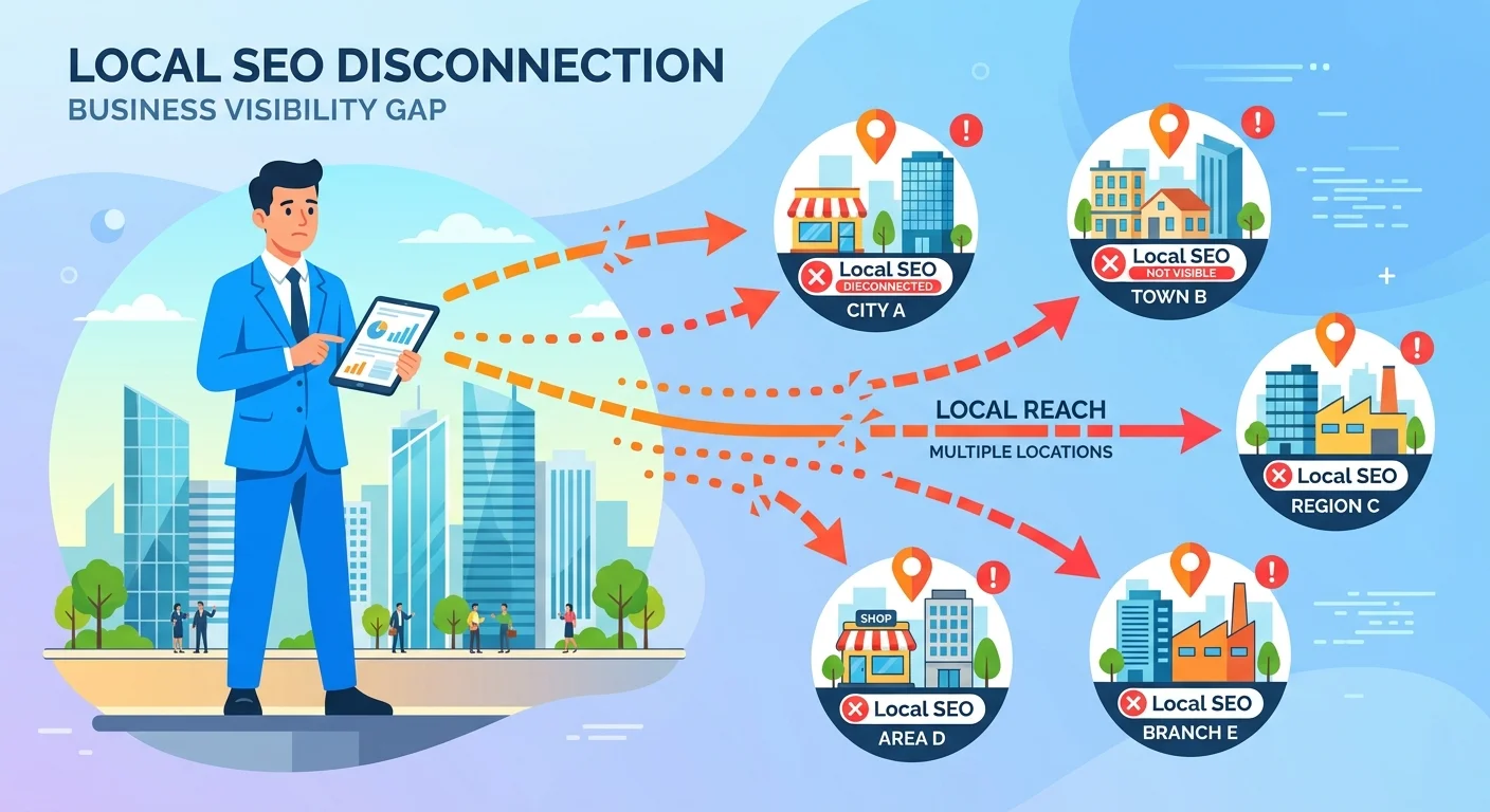 business owner attempting to scale local SEO tactics across multiple disconnected cities with broken authority signals