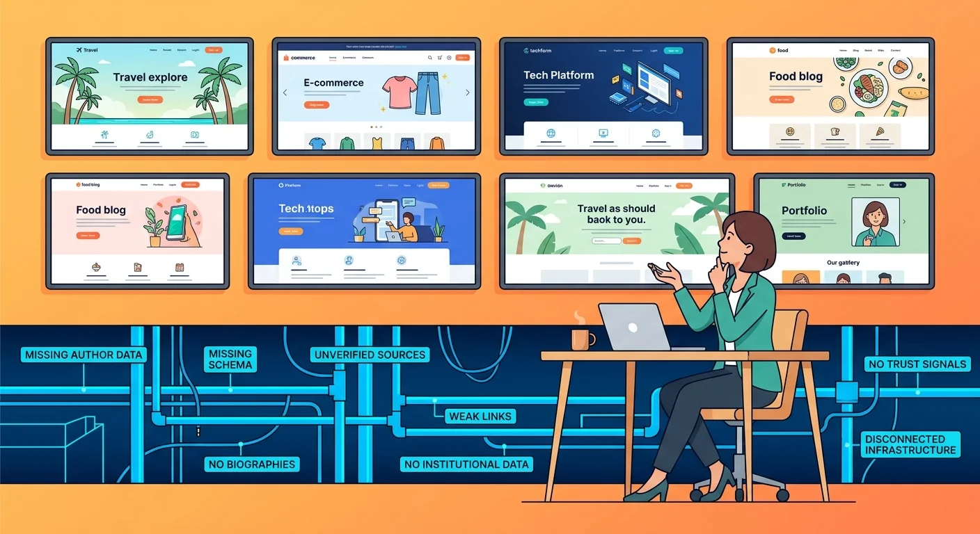 entrepreneur reviewing 100 website designs realizing beautiful sites lack AI readable authority infrastructure