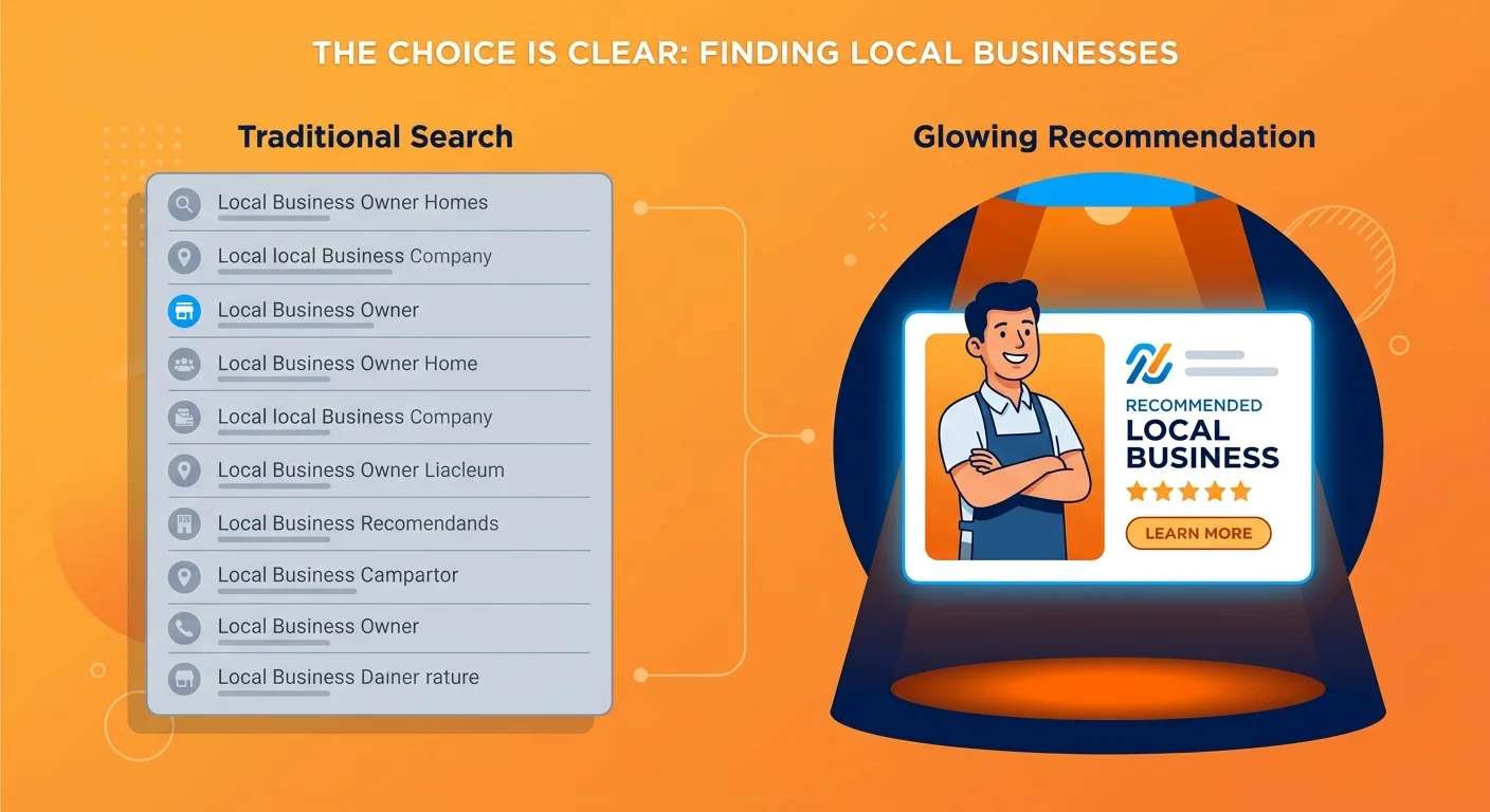 Traditional search results list versus single AI recommendation showing market authority displacement