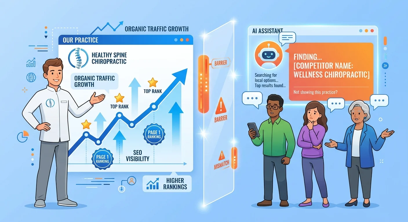 Traditional SEO metrics showing positive rankings while patient volume declines due to zero-click AI search growth