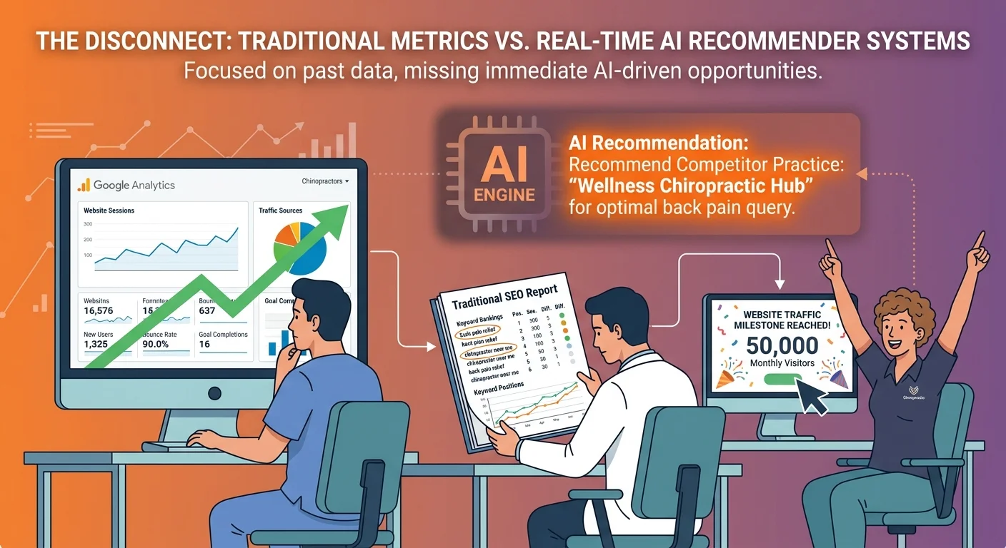 Chiropractors focused on traditional metrics while AI engines recommend competitors in background