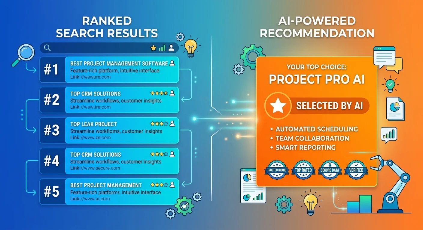 Comparison between ranked search results list and AI singular recommendation