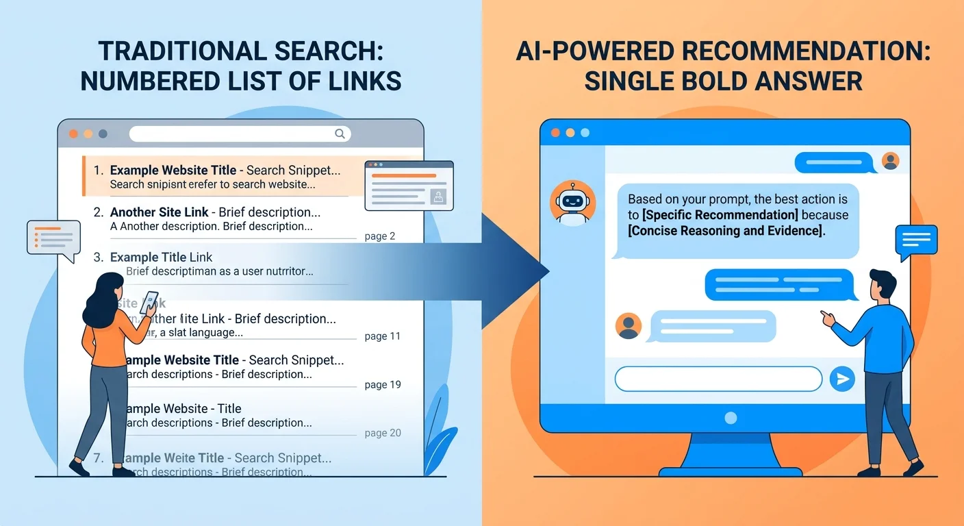Side by side comparison showing traditional search results list versus single AI recommendation with reasoning