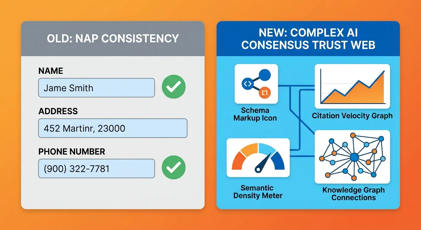 Comparison showing evolution from simple NAP consistency to complex AI consensus trust validation
