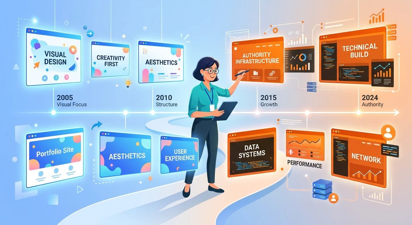 Evolution from aesthetic web design to authority infrastructure across 100 plus websites