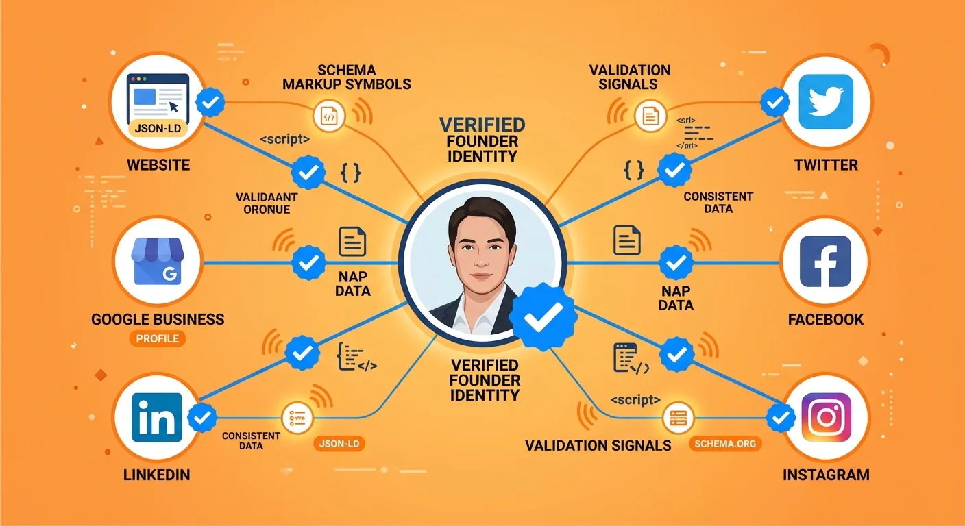 Founder identity verification across platforms through consistent Face signals and schema connections
