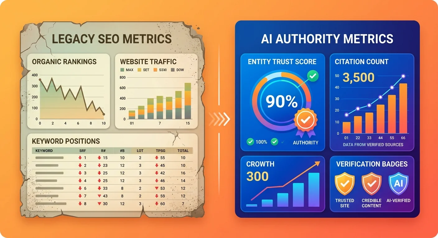 Old SEO metrics crumbling compared to solid AI authority metrics showing value shift in digital marketing