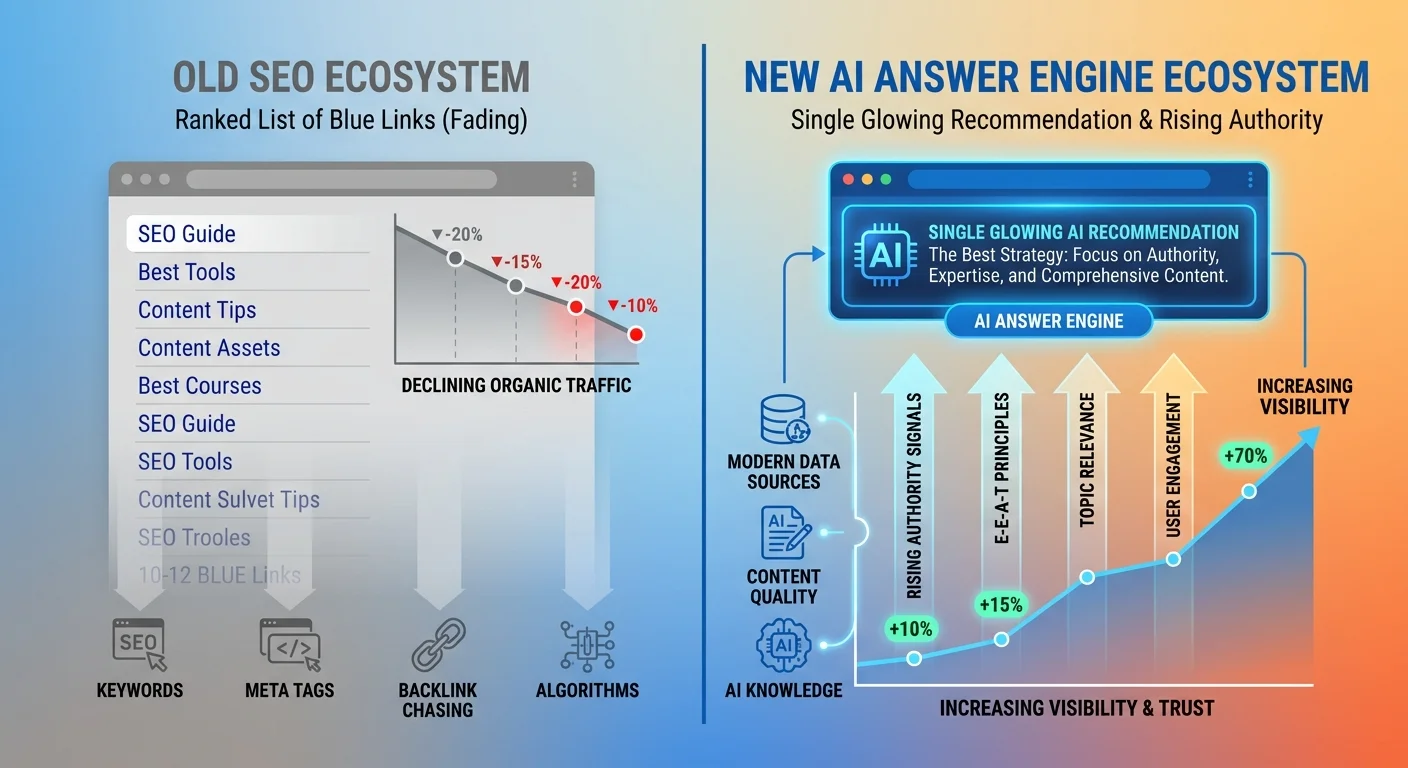 Old SEO ranked list ecosystem fading compared to new AI answer engine single recommendation model