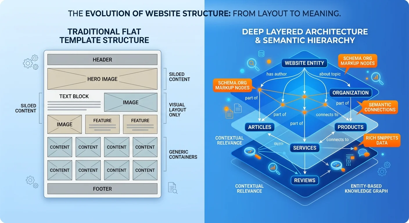 Template website structure versus AI-readable authority infrastructure with schema and entity mapping