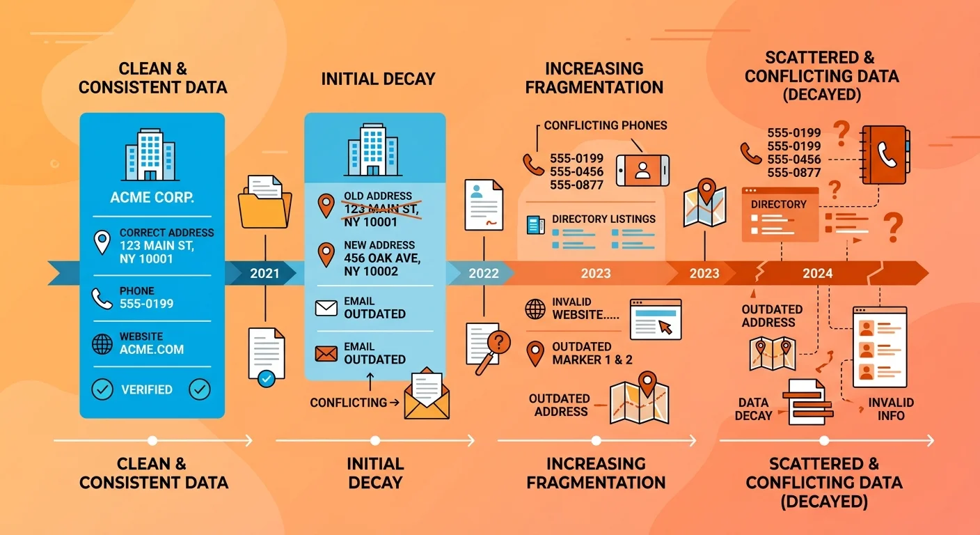 Timeline showing how consistent business entity data degrades into entity drift over time