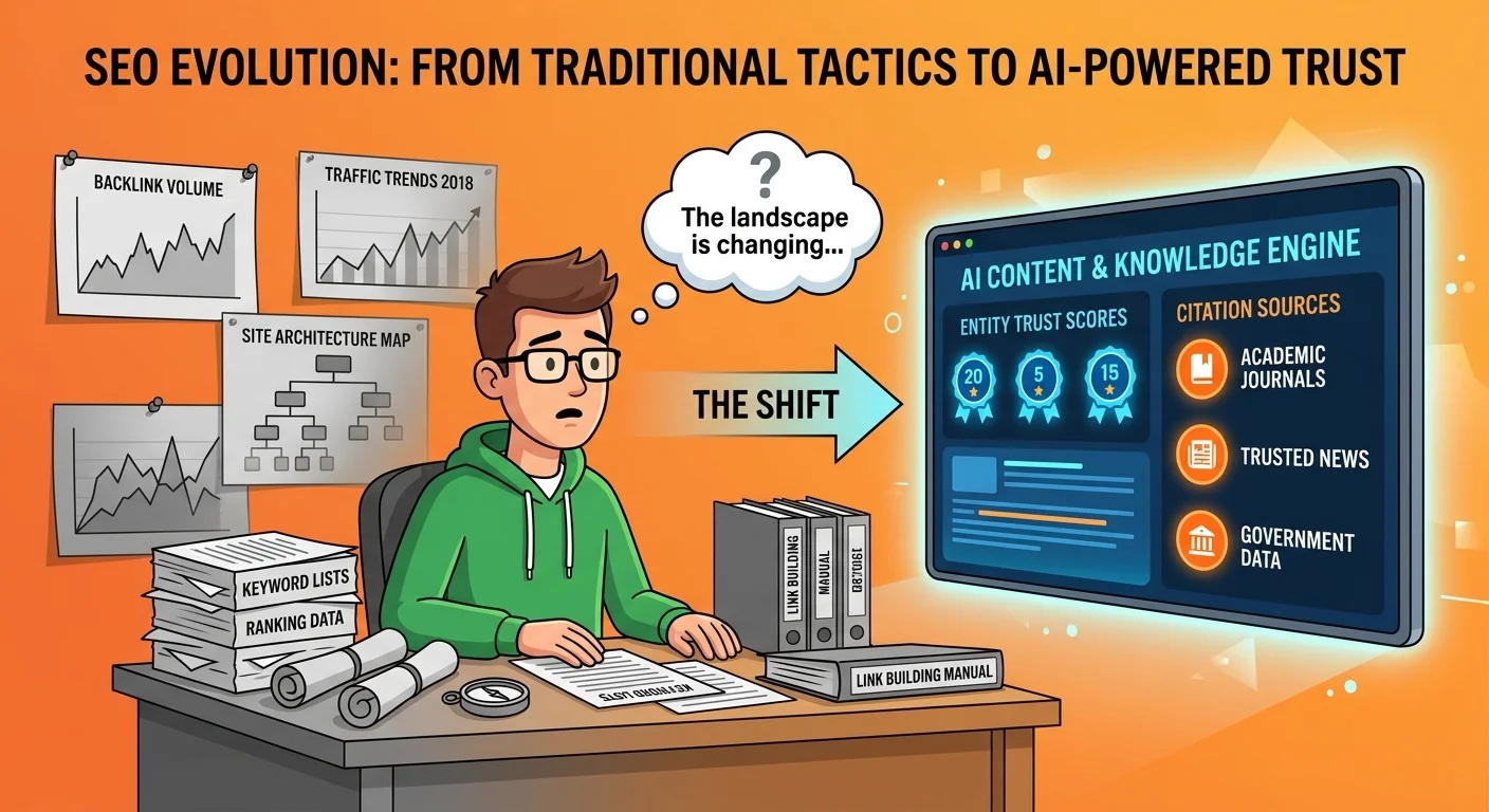 Traditional SEO tactics focused on traffic versus AI engine focus on entity consensus and trust signals