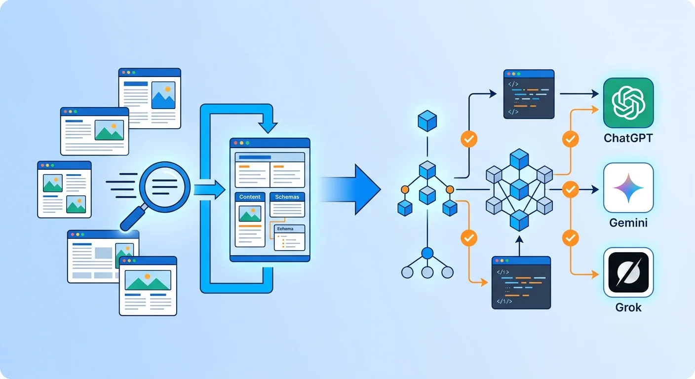 Split diagram showing simple indexing crawler process on left versus complex AI recommendation validation system on right with multiple trust signal checkpoints