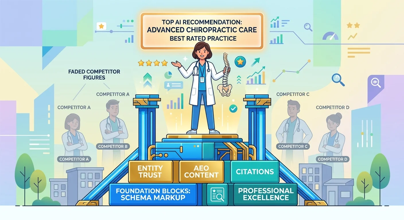 Chiropractor elevated on authority infrastructure platform while competitors remain at ground level illustrating market authority displacement