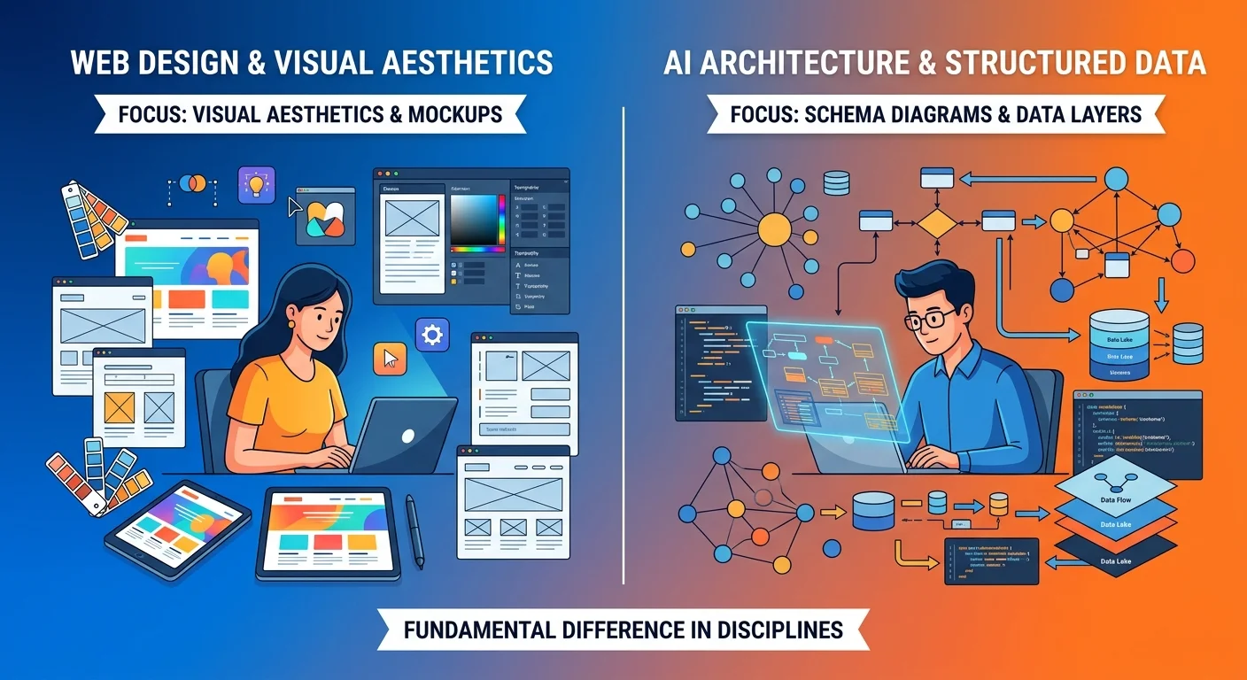 comparison between web designer focusing on aesthetics versus AI architect building machine readable authority infrastructure