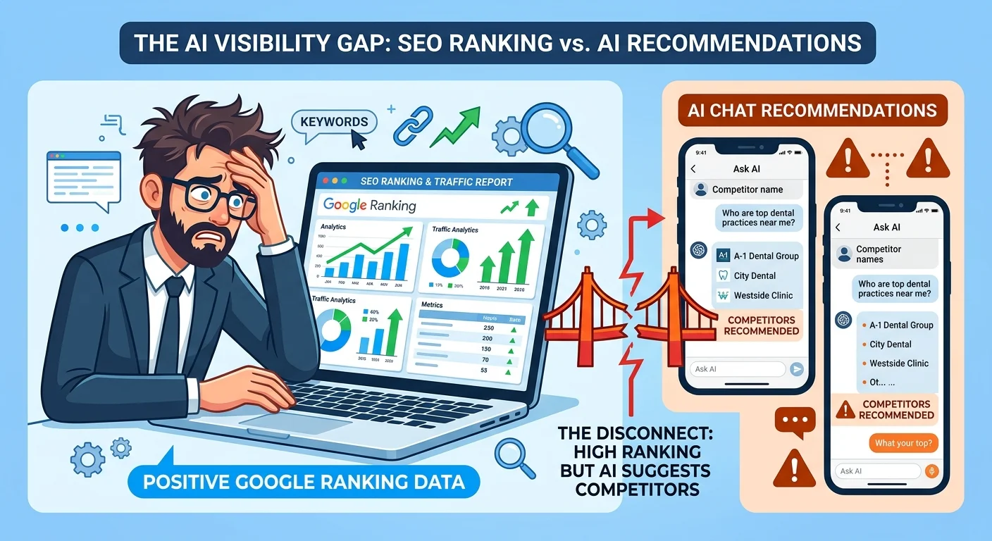 Disconnect between high Google rankings and absence of AI recommendations for local practice