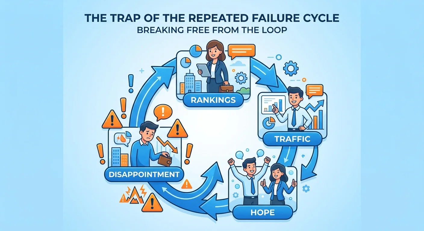 marketing hopium cycle showing business owners trapped in rankings traffic disappointment loop