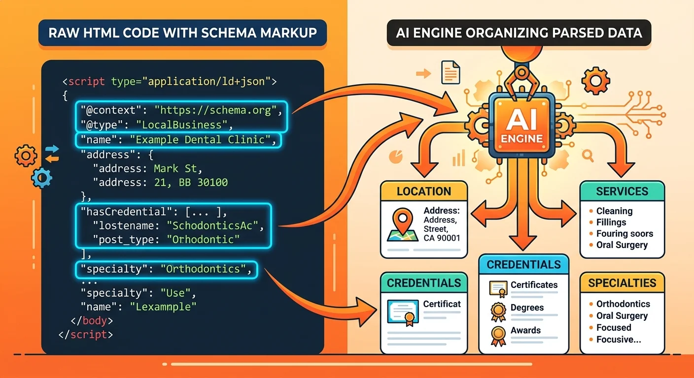 Schema markup translating website data into AI readable structured format