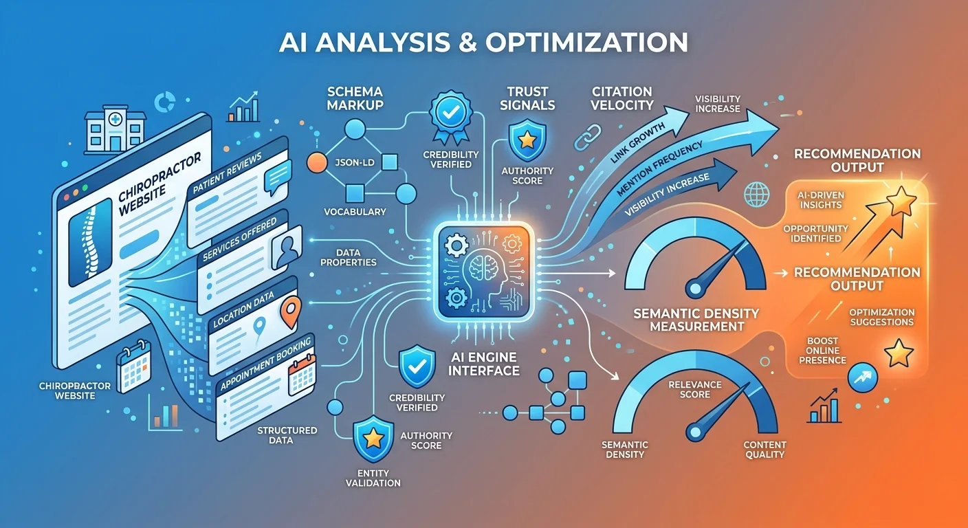 AI authority evaluation process showing entity trust schema and citation signals leading to recommendation