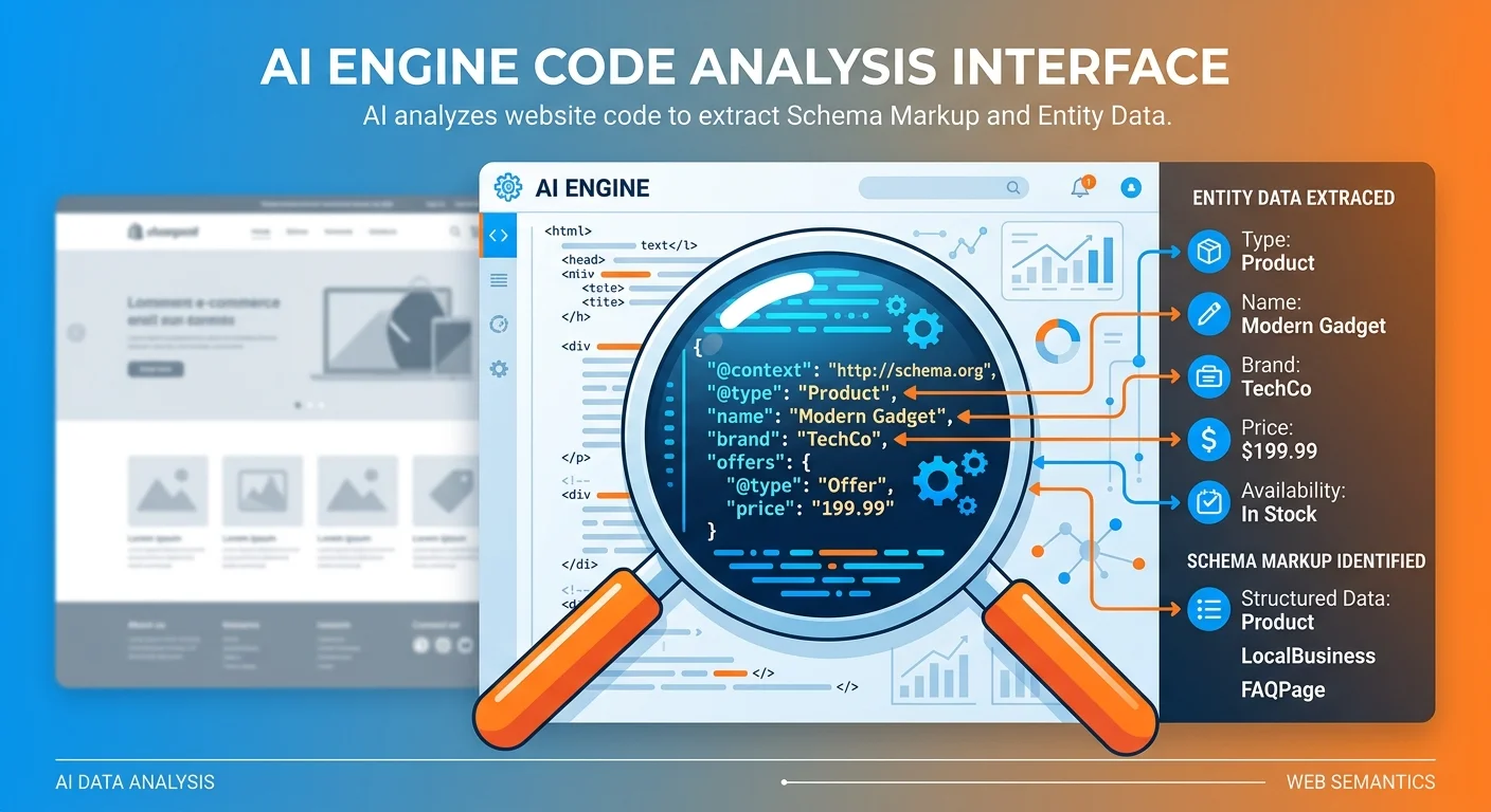 AI engine analyzing website code structure ignoring visual design elements