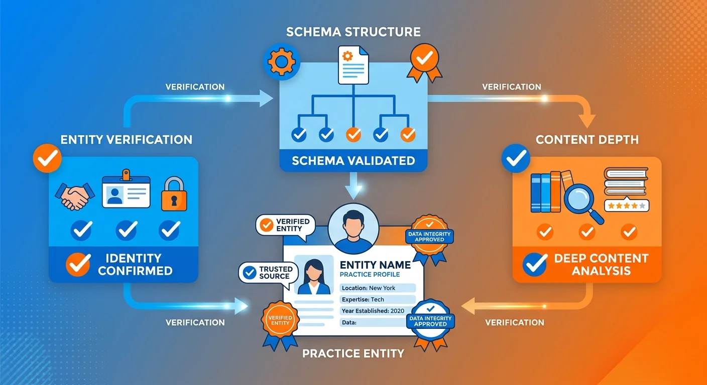 AI engine evaluation process showing entity verification schema and content depth validation for authority
